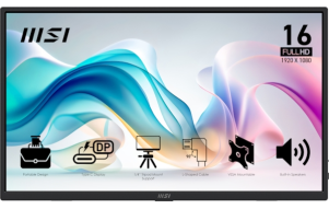 Slika izdelka: Zaslon MSI PRO MP165 E6 / 15.6" / FHD / IPS / 60Hz / 4ms (GtG) / prenosljiv / črn - PD 15W